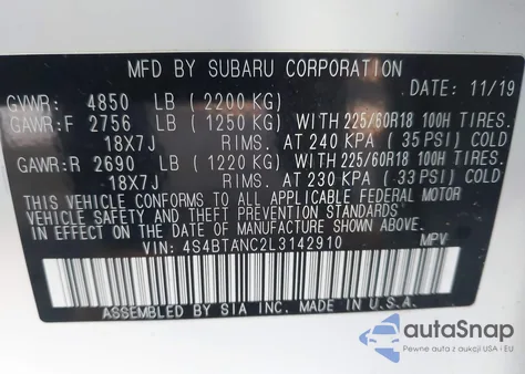 2020 Subaru Outback Limited from USA, damaged, VIN 4S4BTANC2L3142910